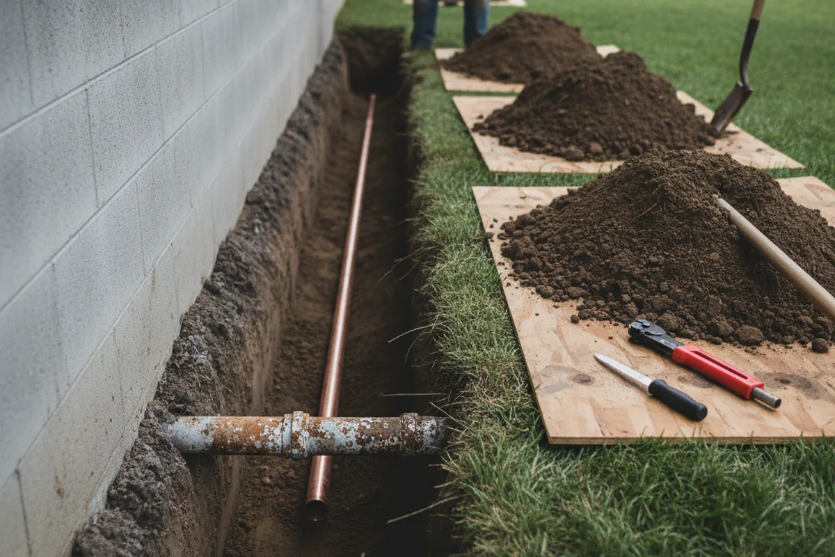 Excavated water line trench during Water Softener Installation in West Green